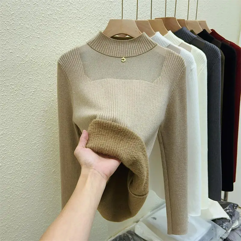 

Цельный флисовый свитер для женщин, утолщенная зимняя внутренняя одежда, стильный сетчатый топ, базовая рубашка с полуводолазкой для женщин