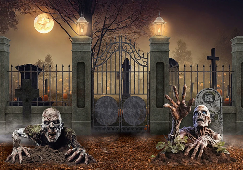 Halloween haunted cemetery Village Scary Outdoor Zombie  Moon Door Light backdrops party Photography Studio Backgrounds