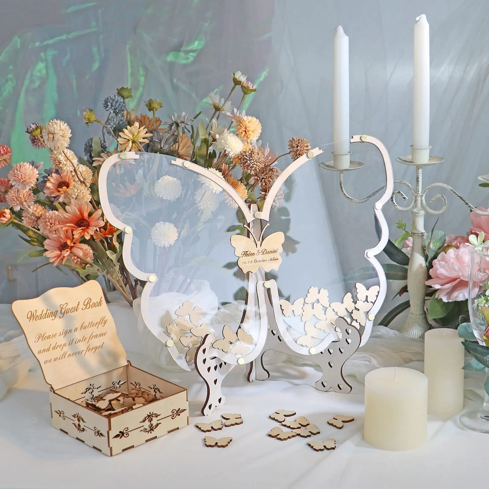 Wedding Message Keepsake Set Butterfly Wooden Guestbook Table with Clear Acrylic Wish Box Sign-In Station for Reception Decor