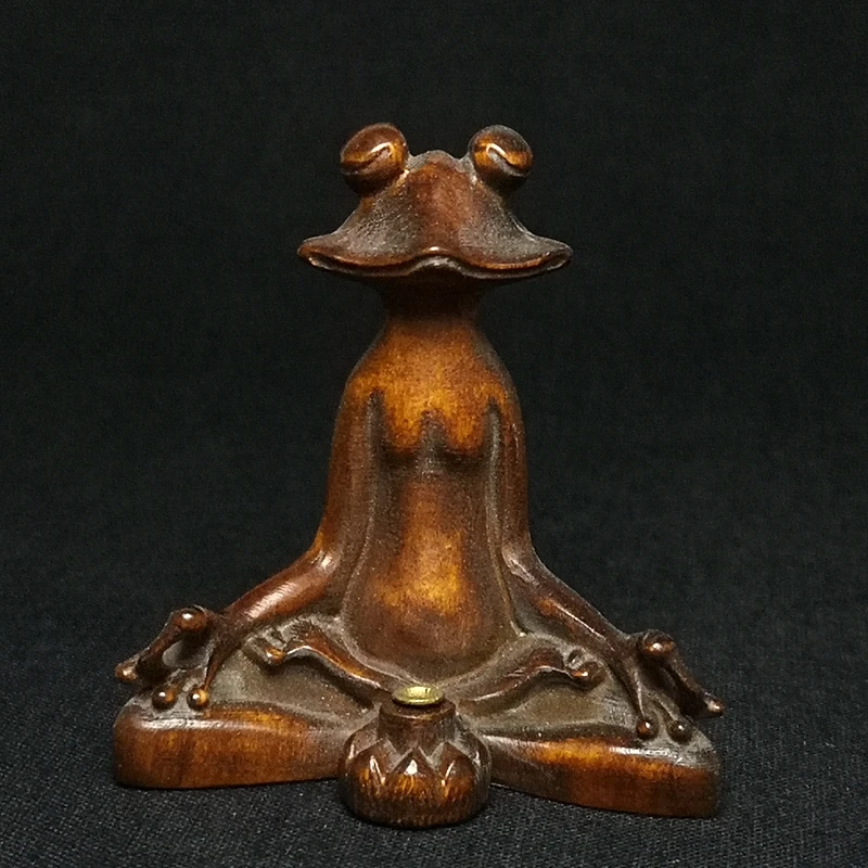 YIZHU CULTUER ART Size 2.2 Inch Chinese Hand carved Boxwood Frog Figure statue Incense Seat Decoration Gift Collection