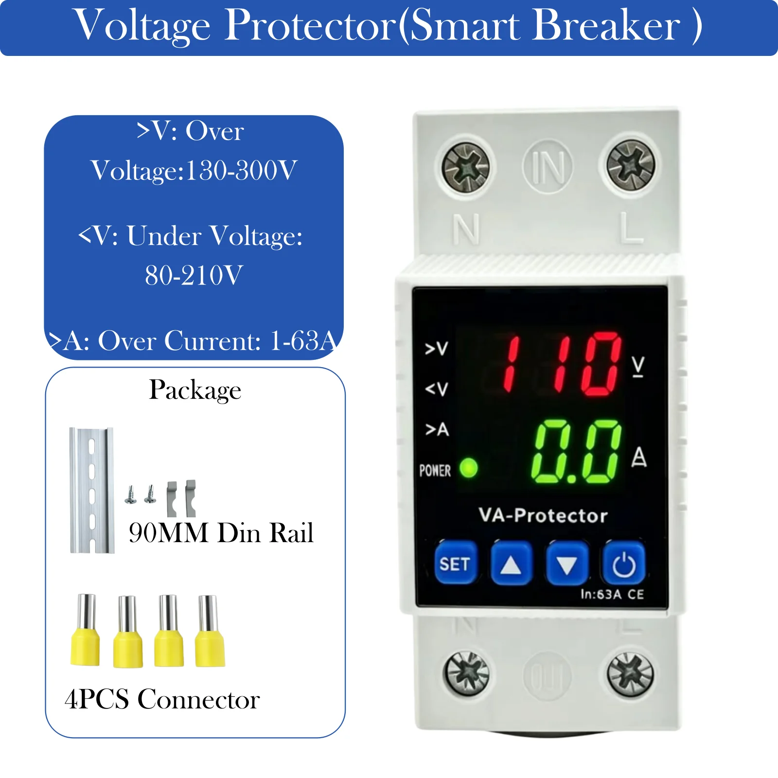 110V 220V Over and Under Voltage Protector Current Voltage Adjustable Breaker 120V 240V High Low Voltage Cut Off 1-63A