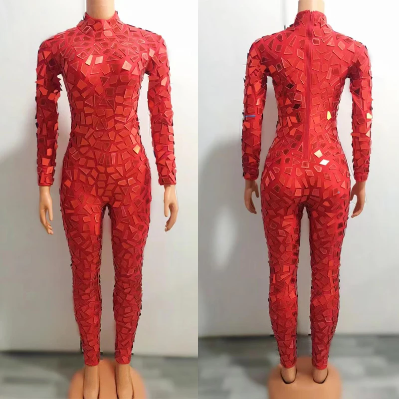 Red Mirrors sparkly Skinny Sequins Bodysuit Jumpsuit Nightclub Female Singer Pole Dance Clothing Stage Show Rave Outfit