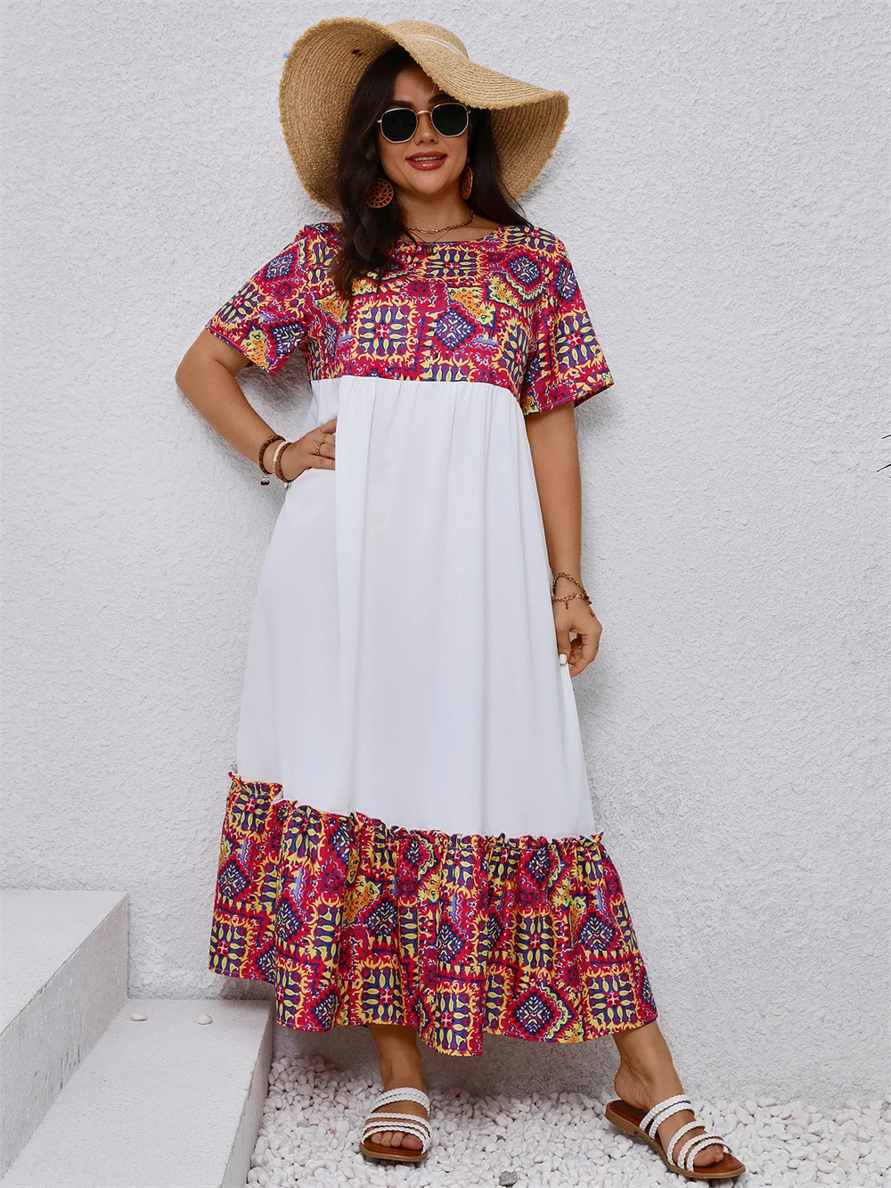 GIBSIE Plus Size Vacation Bohemian Style Long Dress Women Summer Loose O-Neck Short Sleeve Beach A-line Big Swing Maxi Dresses