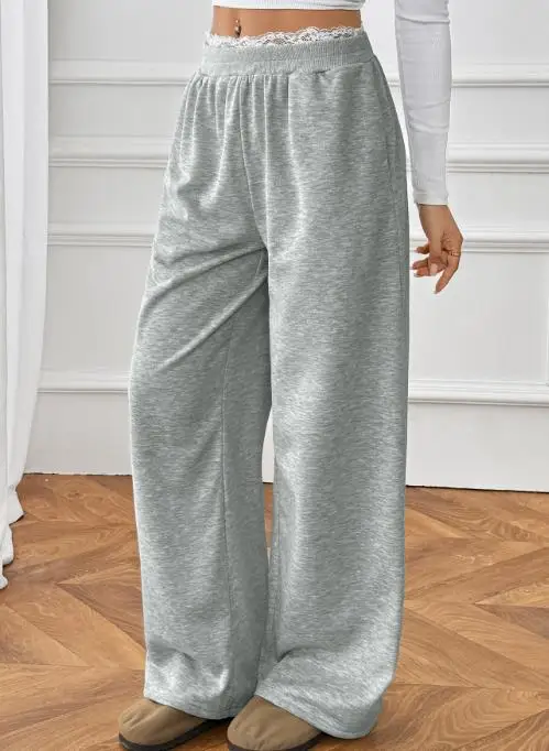 

2025 Autumn/Winter New Women's Fashion Casual Lace Splicing Solid Color Straight Leg Pants Women's Wear