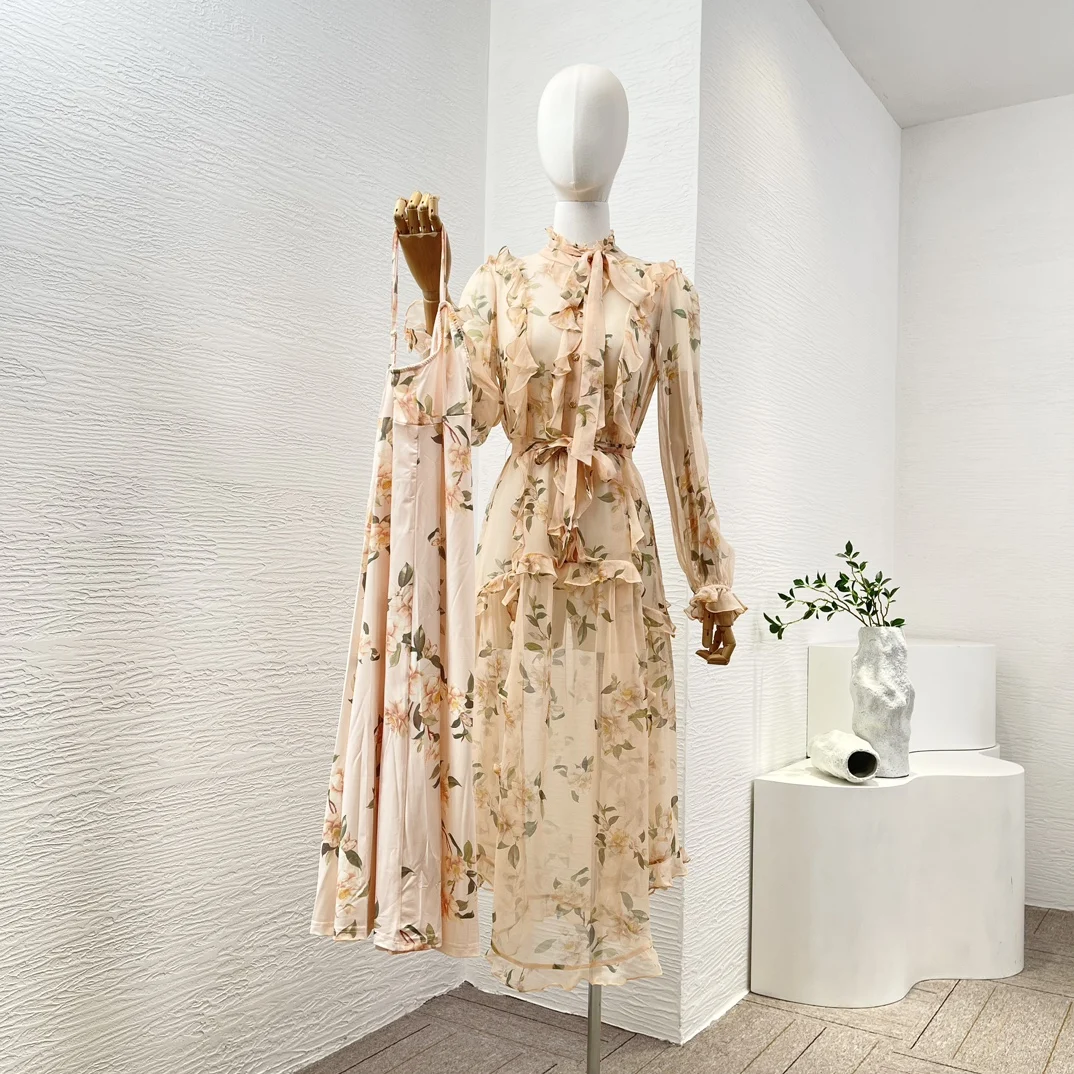 2024 New High Quality Ramie Women Clothes Light Yellow Floral Print Long Sleeve Loose Midi Dress for Holiday