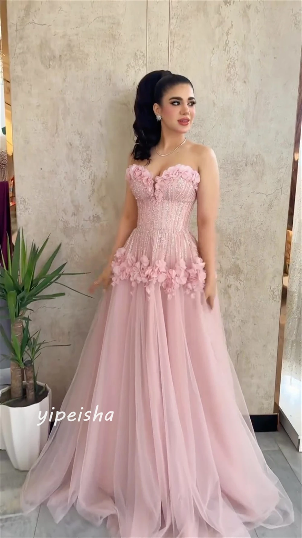 Customized Tulle Flower Sequined Ruched Draped Party A-line Strapless Bespoke Occasion Gown Long Dresses