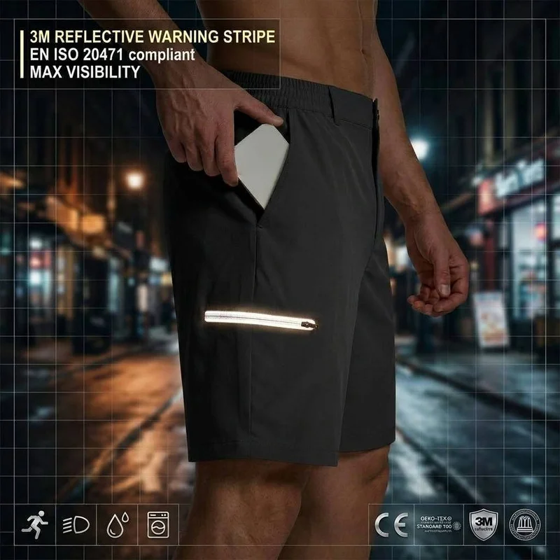 QICHE Men Light Quick Dry Night Running Shorts With 3M Reflective Strips Zipper Pocket Outdoor Daily Wear