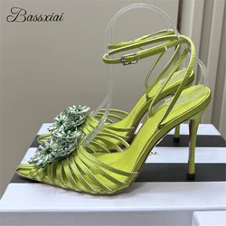 Crystal Flower Buckle Embellishment Sandals Women 10cm Stiletto Heel Sexy Narrow Band Pointed Toe Ankle Strap Summer Shoes