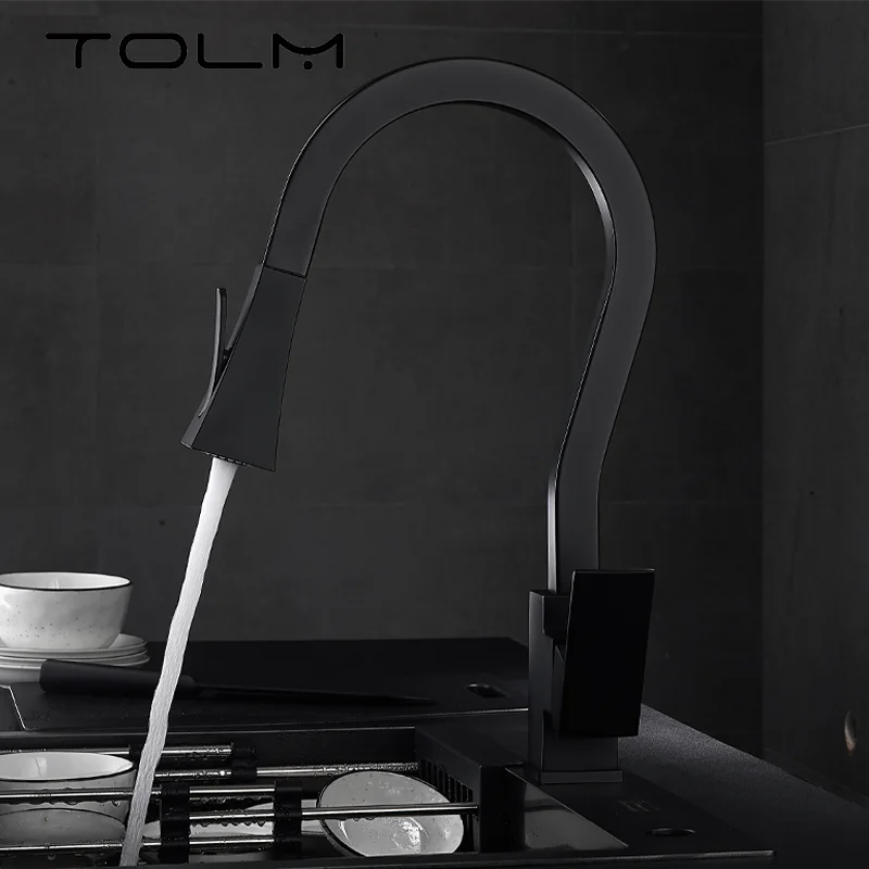 TOLM-grifo extraíble para fregadero de cocina, rociador extraíble con mezclador, color negro