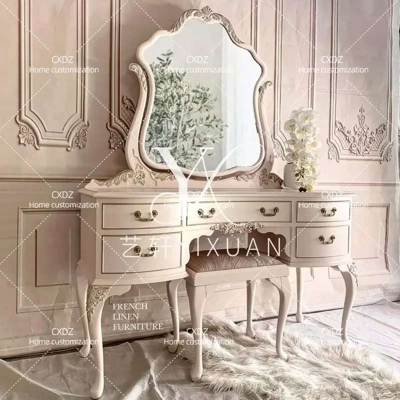 Solid Wood Pink Dressing Table Retro Carved Bedroom Makeup Desk with Mirror Vanity Table Combination Furniture for Home Decor