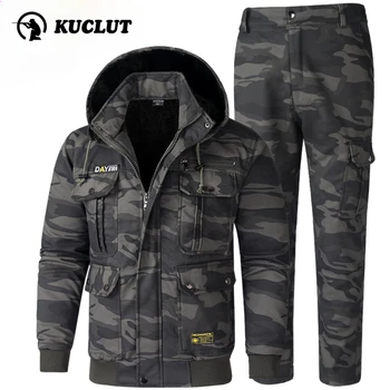 メンズ2ピースカモフラージュジャケットと伸縮性パンツセット,厚手のフリース,純綿,快適,耐摩耗性,暖かい,冬