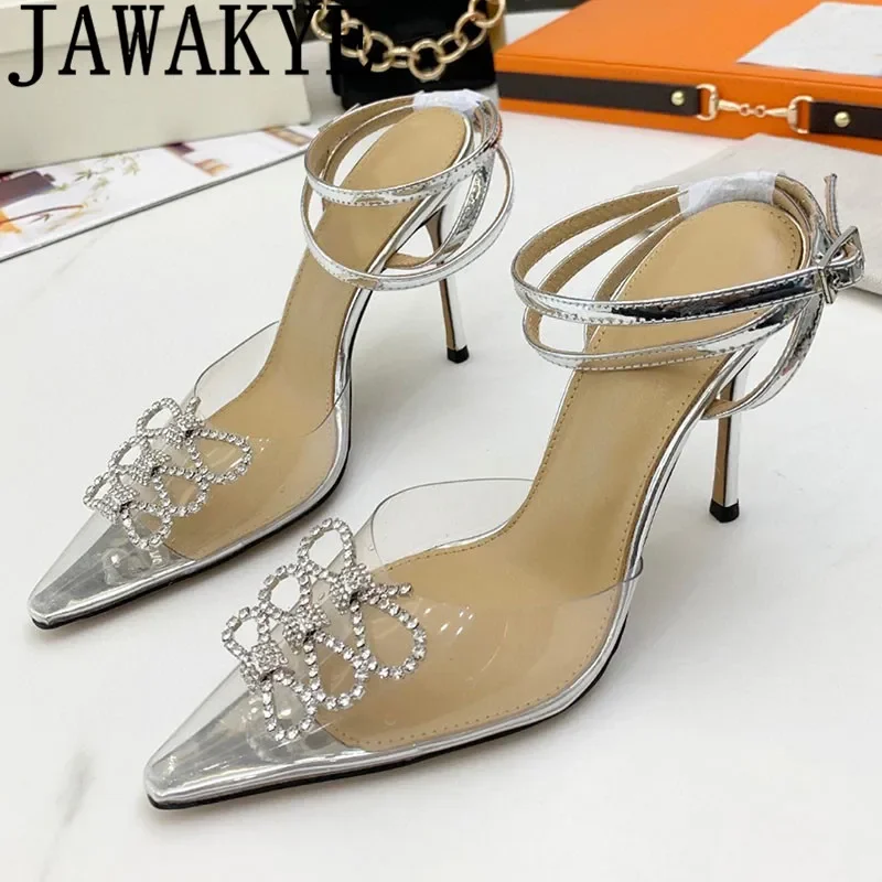 

Summer Sexy PVC Bow Knot Crystal Sandals Women Pointy Toe Ankle Strap Thin High Heel Shoes Designer Wedding Party Shoes Women