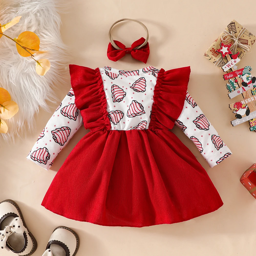 0-18 M Autumn Baby Girls Clothes Christmas Infant Bodysuit False 2Pcs Cheese Print Jumpsuit Toddler New Year One Piece Dress