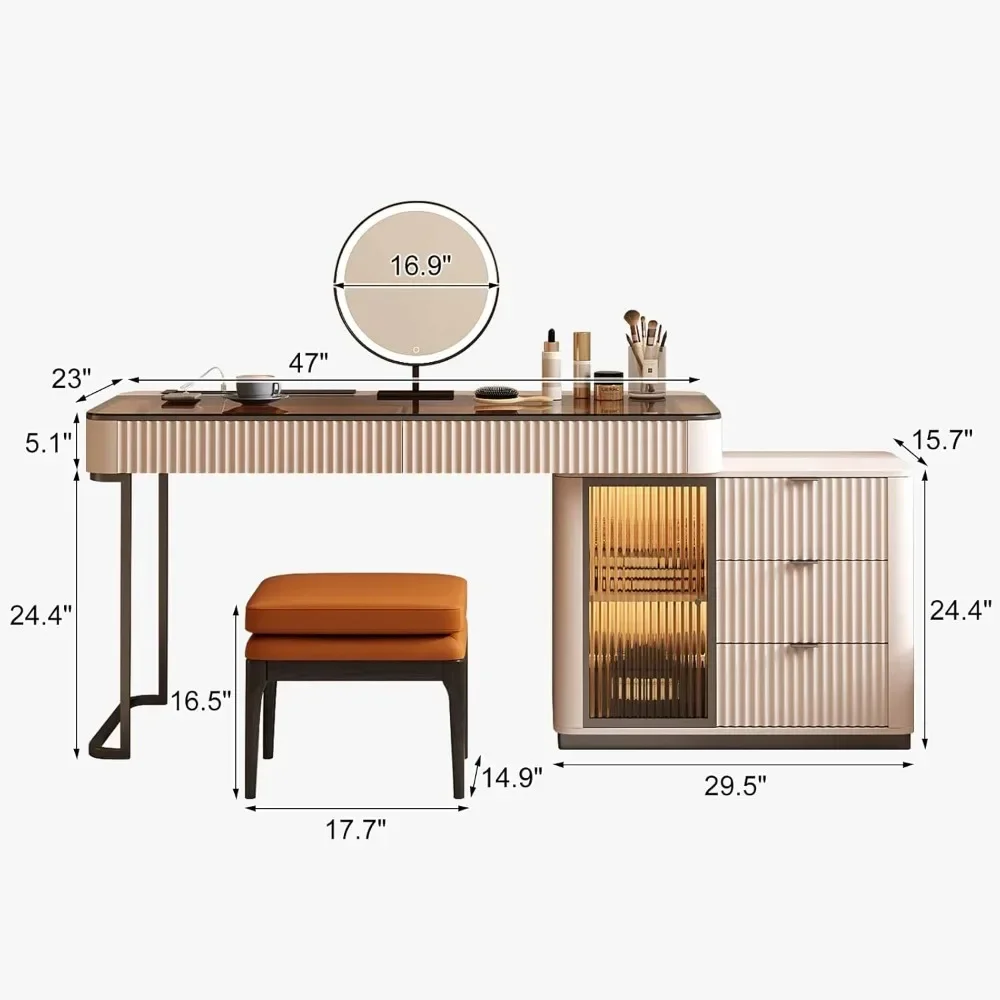 Makeup Vanity, Dressing Table Desk Super Storage, with LED Light Vanity Mirror with ash Full Solid Wood upholstered Vanity Stool