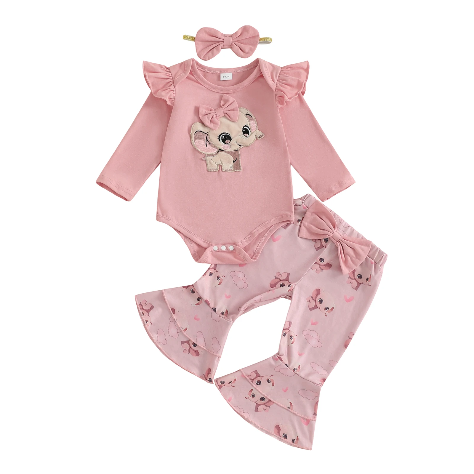 

Baby Girls 3 Piece Outfit Long Sleeve O Neck Bow Animal Embroidery Jumpsuit Headband Elastic Waist Flared Pants Set