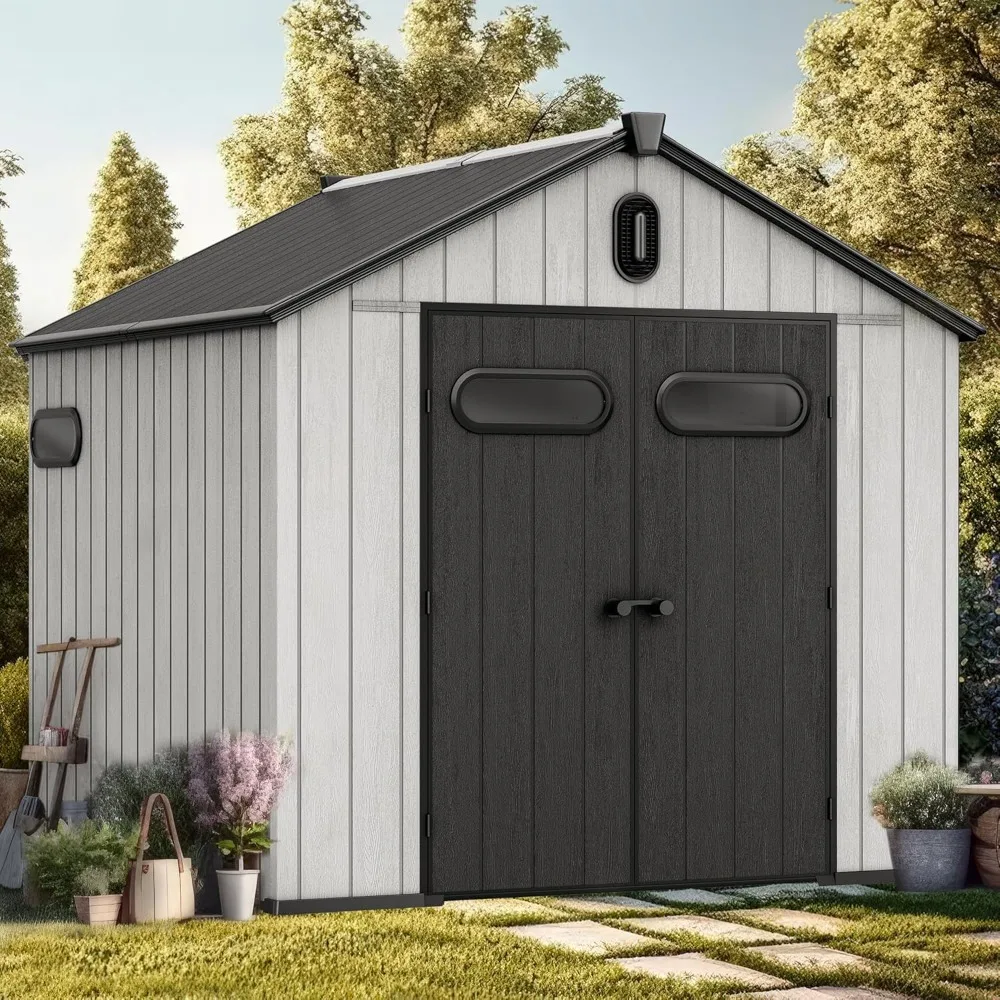 

8x8ft Outdoor Plastic Storage Shed with Floor, Lockable Door, Windows & Vents, 427 cuft Waterproof Garden Shed