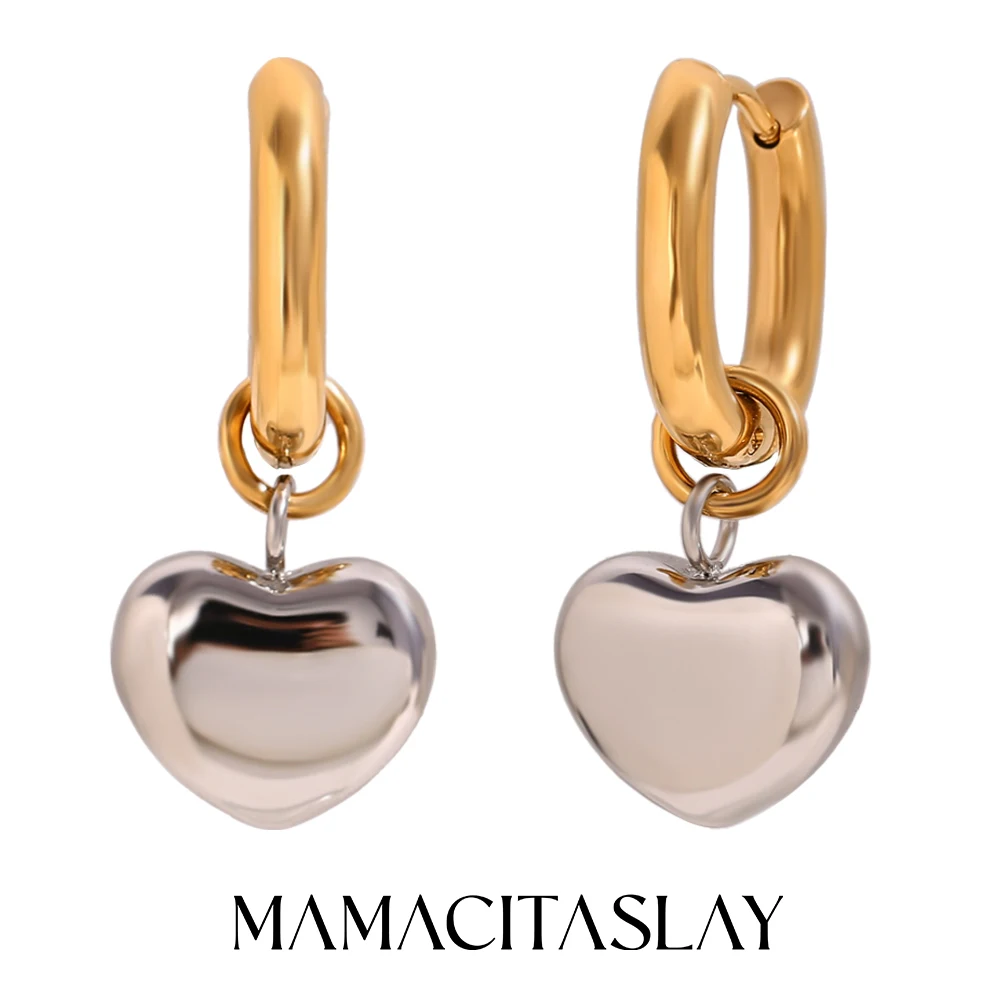 MamacitaSlay-Boucles d'oreilles créoles en forme de O plaqué or pour femme, bijoux en acier inoxydable, goutte de cœur, document mixte, argent, tendance