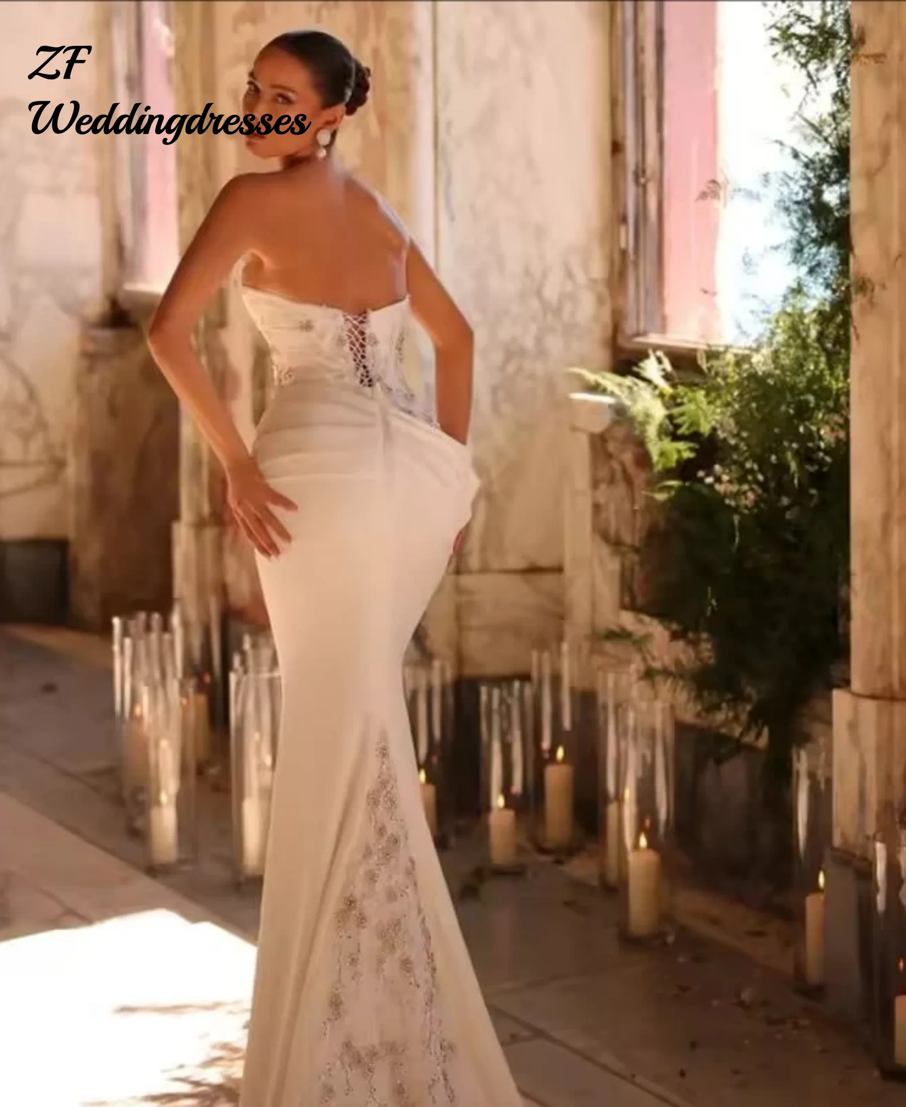 Maßgeschneiderte Luxus Meerjungfrau Brautkleider Applikation Perlen Trägerloses Schleppendes Brautkleid Besonderes Taillendesign P Vestido De Novia