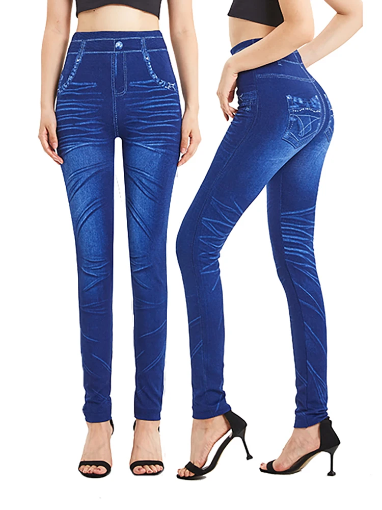 Chsdcsi azul falso denim padrão de cintura alta grande elástico confortável macio leggings feminino casual apertado calças de colheita esportiva