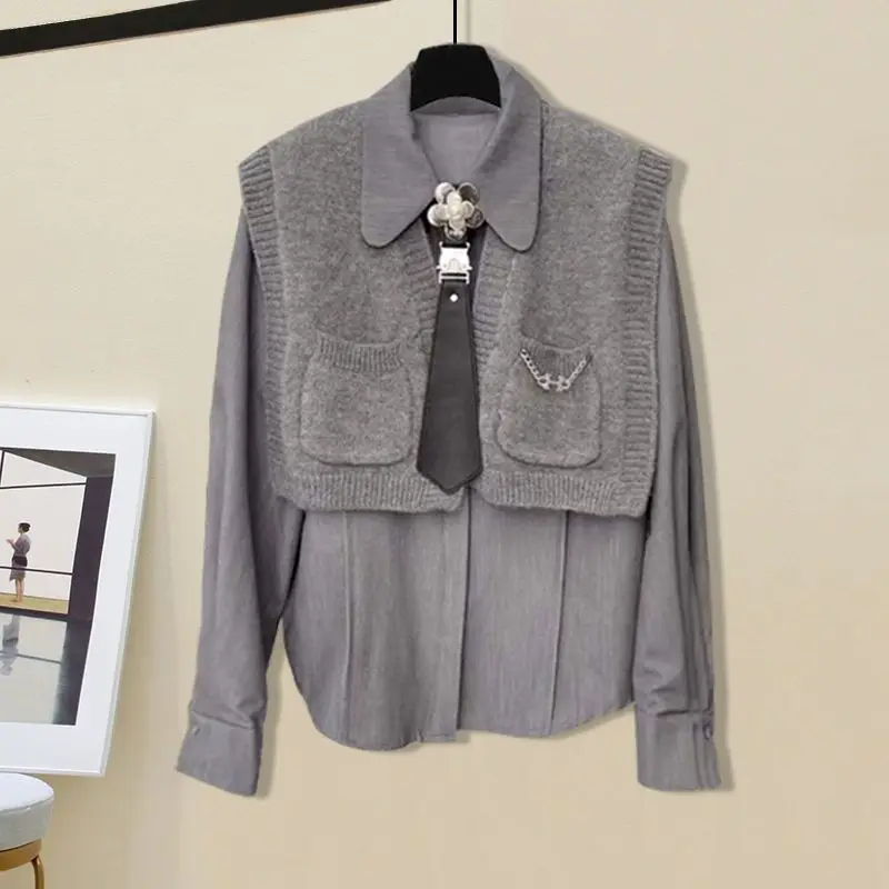 Women 2026 Spring/Autumn New In Matching Set Korean Elegant Long Sleeve Shirt+Knit Vest+Midi Skirt 3-Piece Suit Female Clothing - Image 5