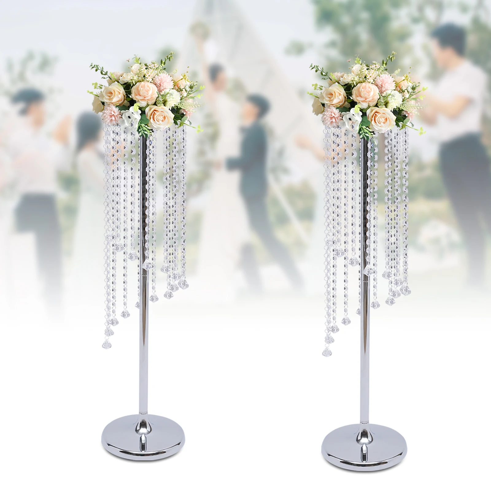 2Pcs Wedding Centerpieces Vases 35.4in Metal Crystal Flower Stand Gold/Silver for Party Table Decoration