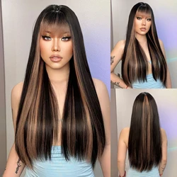 Black Mixed Pink Synthetic Wig with Bangs Long Straight Wig with Bangs Dark Roots Heat Resistant Wig for Women Use Soft Wig