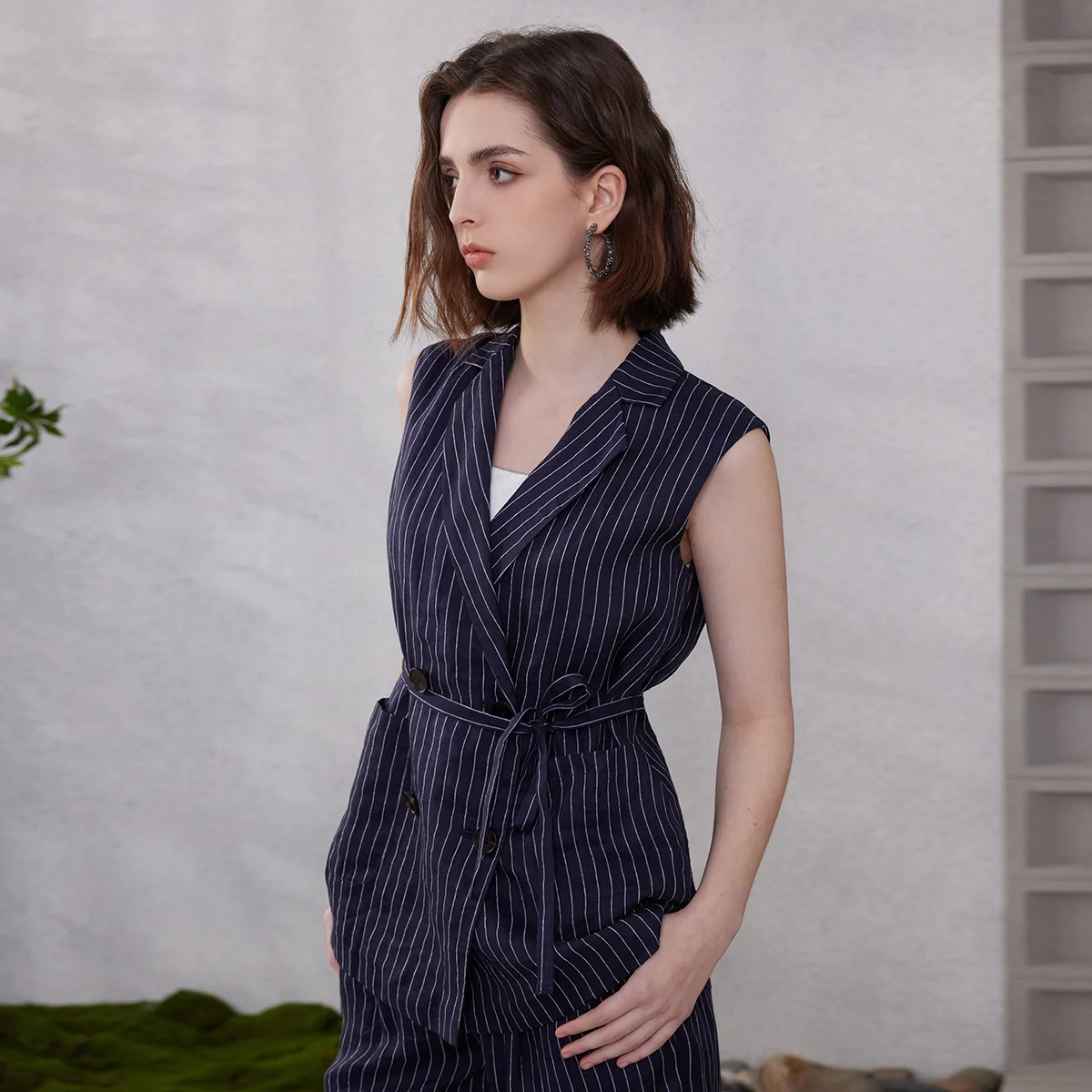 

K2090L Women's Casual Vest Light Luxury 100% Ramie Medium Long Vest Comfortable Fashionable Women's Clothing