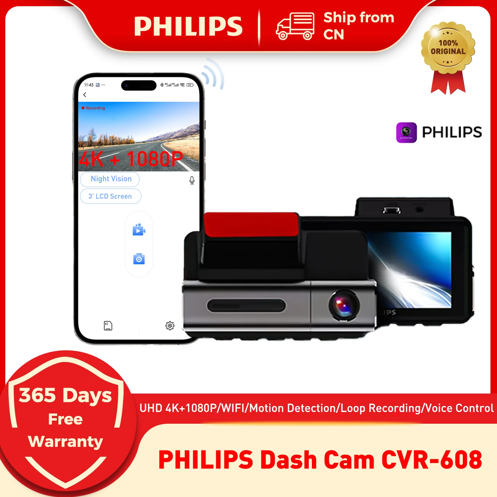 Câmera Veicular PHILIPS UHD 4K+1080P, Dashcam de Canal Duplo com Visão Noturna, Gravador de Vídeo Wi-Fi, DVR para Carro, Gravação em Loop, Monitoramento de Estacionamento 24H