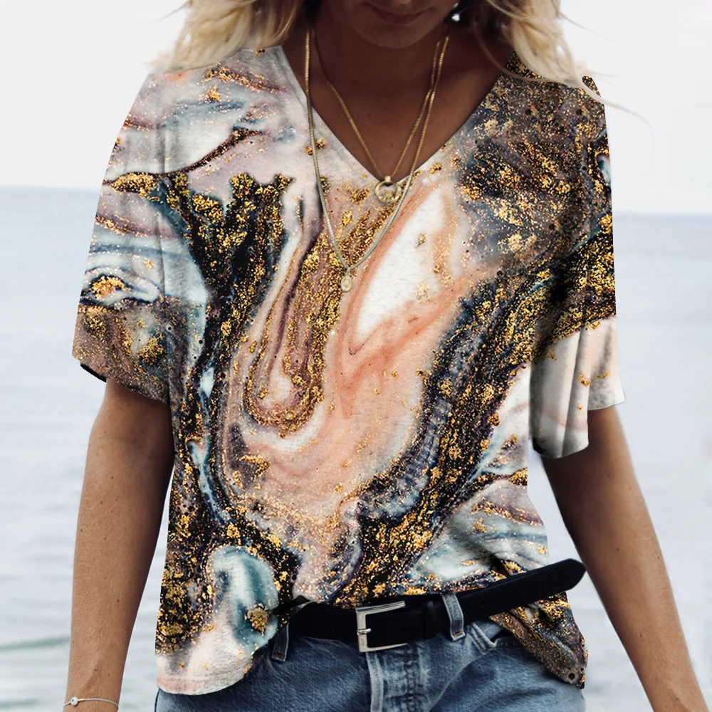 Summer V-Neck Women‘s T-Shirt 3d Marbling Print Tops Tee Fashion Streetwear Daily Y2k Clothes 2024 New Ladies Plus Size T-Shirts