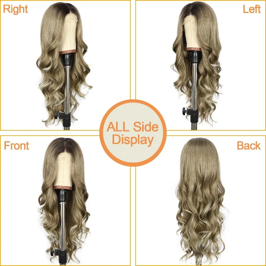 Longo corpo marrom ondulado perucas para mulher 13x4 peruca dianteira do laço sintético com pontas loiras cabelo onda natural para uso diário cosplay par