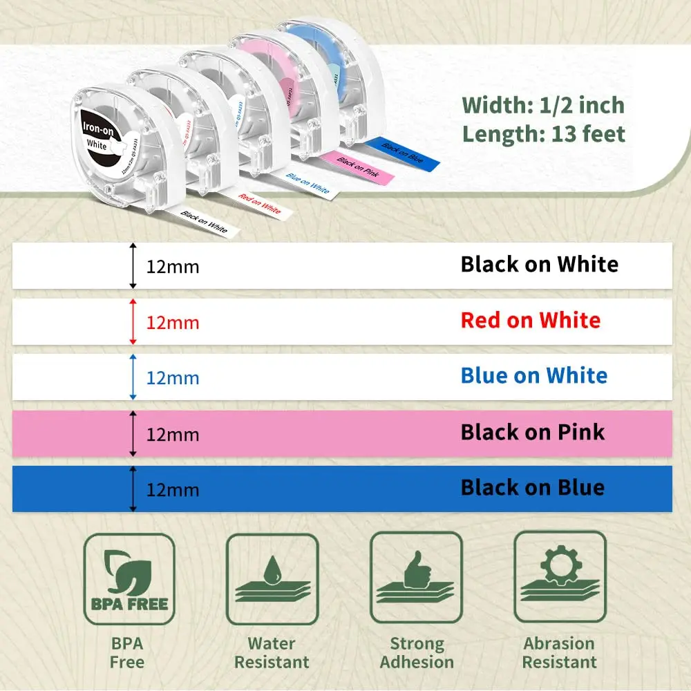 Phomemo Fabric Iron-on Thermal Label Tapes 12mmx2m Compatible with Phomemo P12 DYMO LetraTag 200B LT-100H, LT-100H Plus Printer