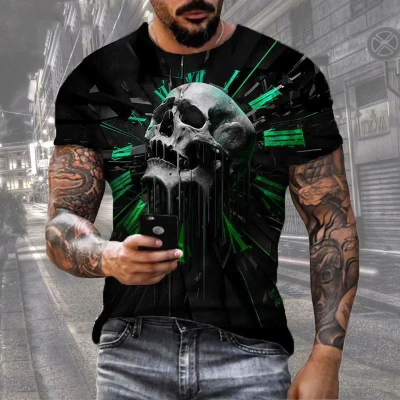 Summer Men's T-shirt with Skull Pattern 3D Printing Fashionable Short Sleeved Street Retro Men's T-shirt Oversized T-shirt image 4