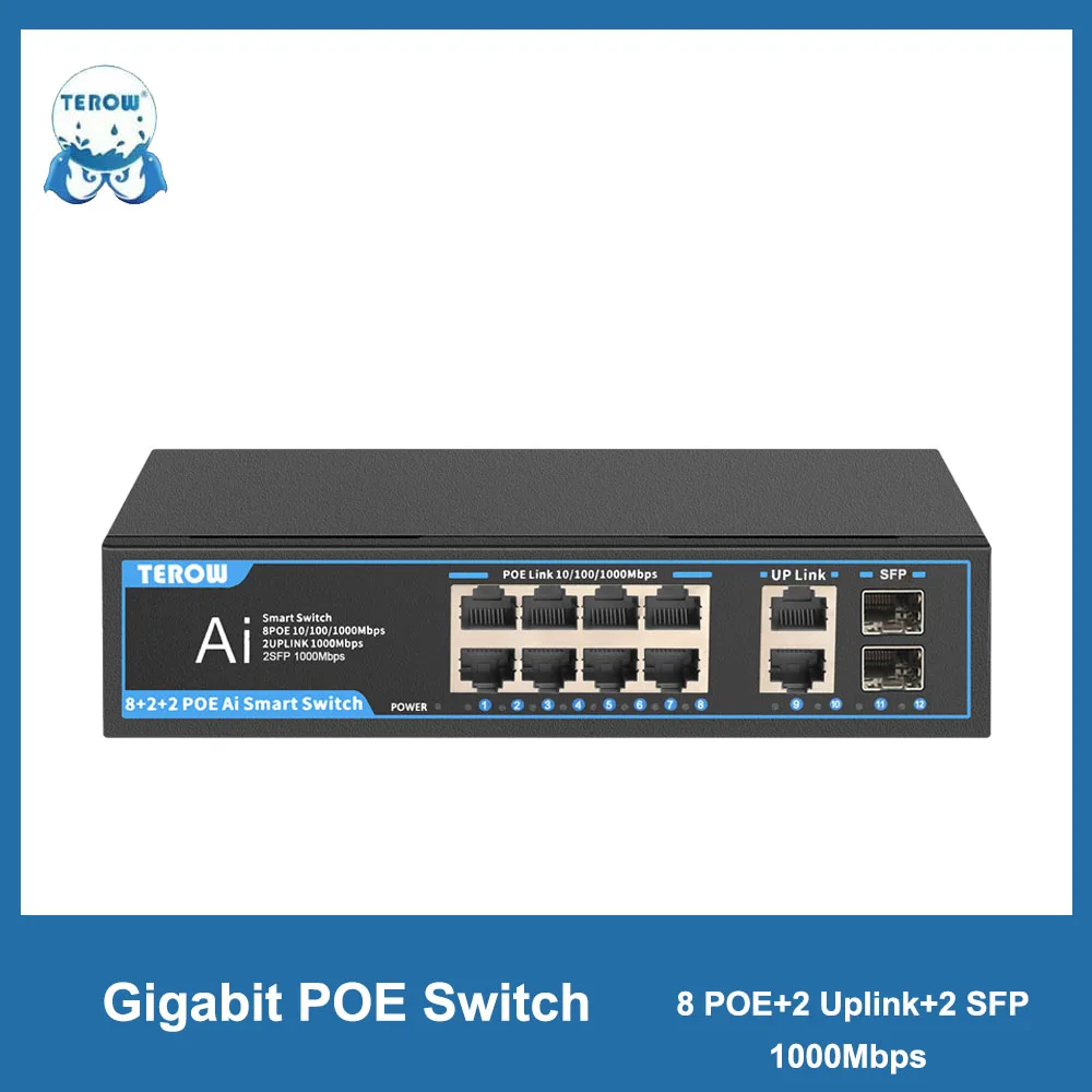 TEROW Gigabit Switch 8 Ports POE Switch 2Uplink 2 SFP Fast Switch Build-in Power Supply 52V 12W for IP Camera Wireless AP