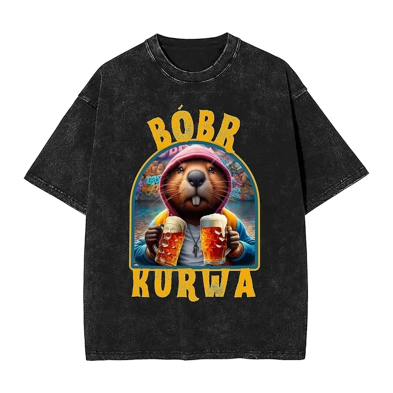 Bobr Kurwa drinking beer washed T-shirts Harajuku funny animal summer tees awesome pattern simple clothes