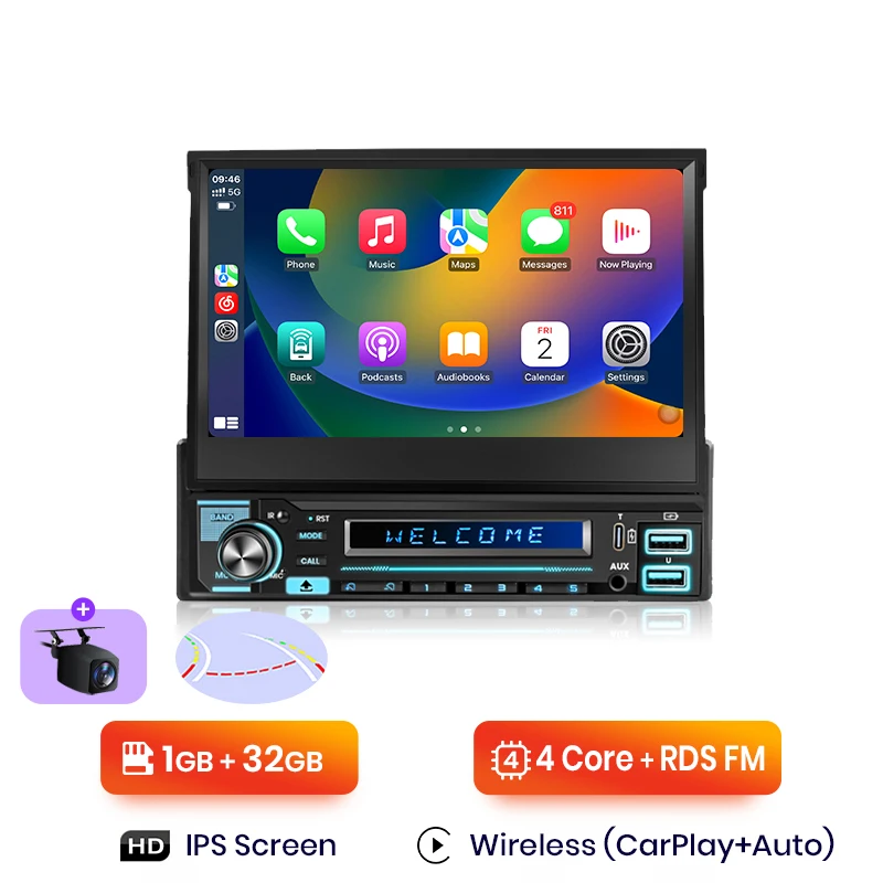 Junsun 7 "Automatisch intrekbaar IPS-aanraakscherm Universeel 1 Din Draadloos CarPlay Android Auto Stereo Radio GPS-navigatie