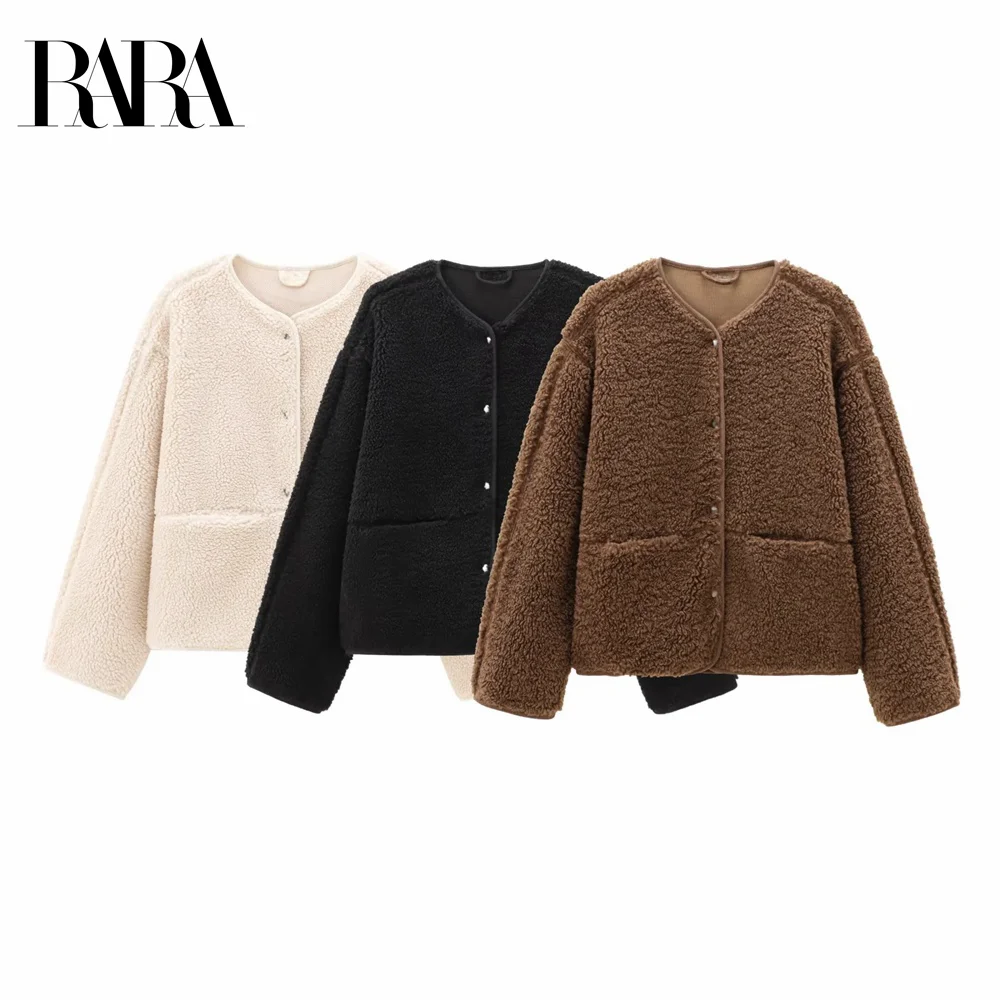 2024 RARA comfortable simple solid color round neck double pocket casual style versatile jacket coat winter new women's clothing