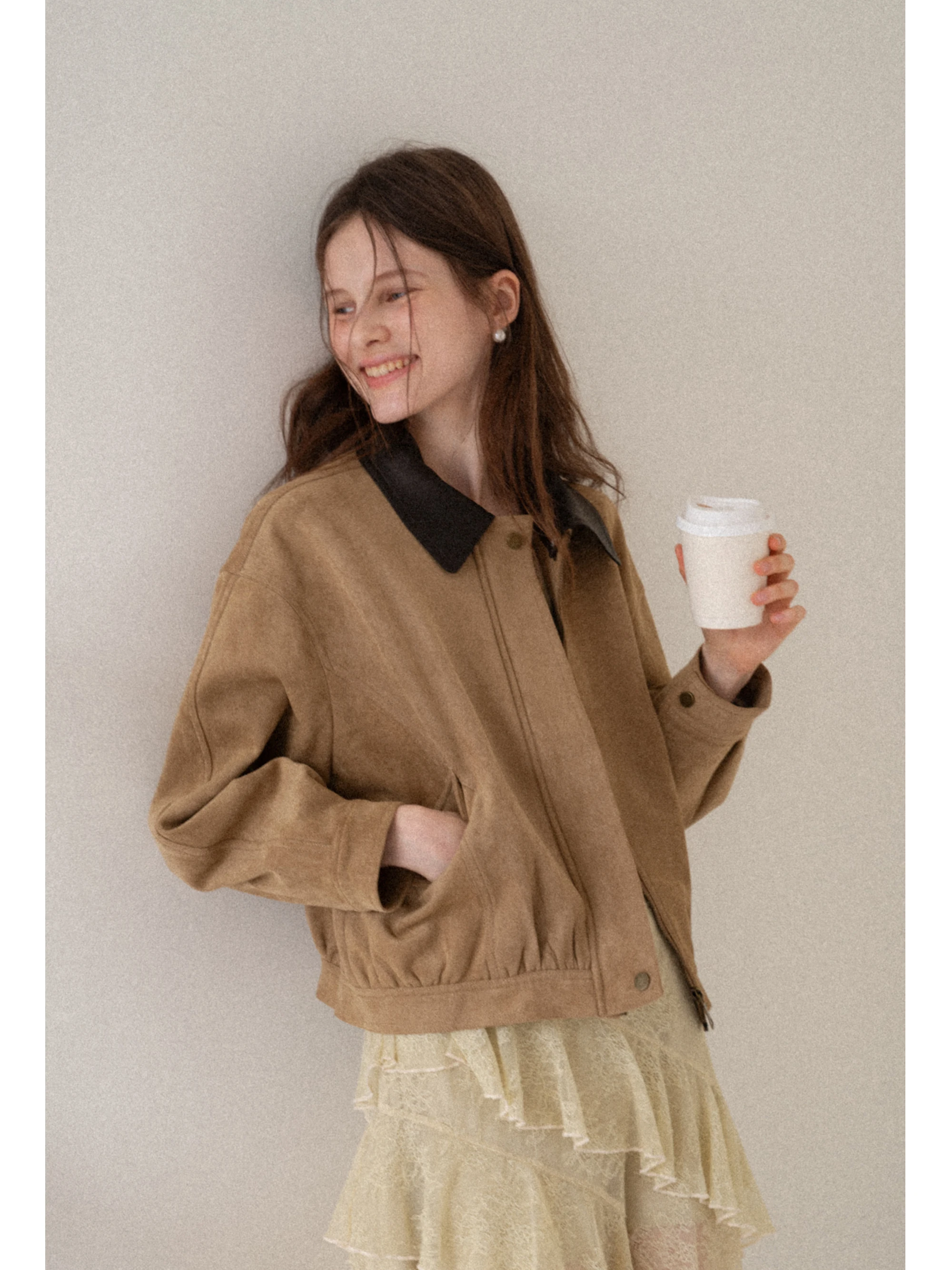 Kaki Color Removable Suede Coat Women's Retro Short Top EGGKA Brand Polyester Fiber Zipper Closure Straight Hemline