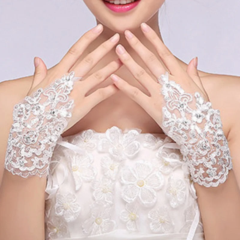 Elegant White Red Ivory Wedding Gloves Lace Applique Short Rhinestone Bridal