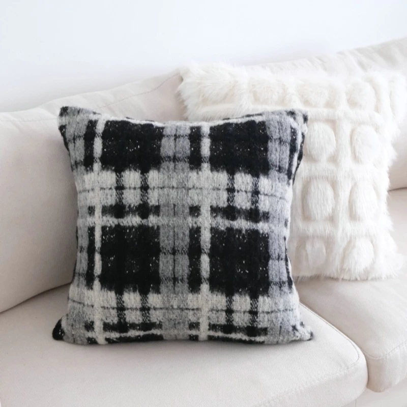 Ins Wool Black and White Plaid Pillowcase Luxury Pillowcase Living Room Sofa Cushion Cover Model Room Hotel Cushion Pillow Case