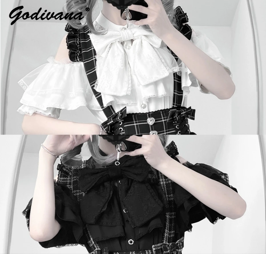

New Spring and Summer Sweet Girls Women's Bow Shirts Short Sleeve Lace Ruffled Off The Shoulder Lolita Blouses Elegant Tops