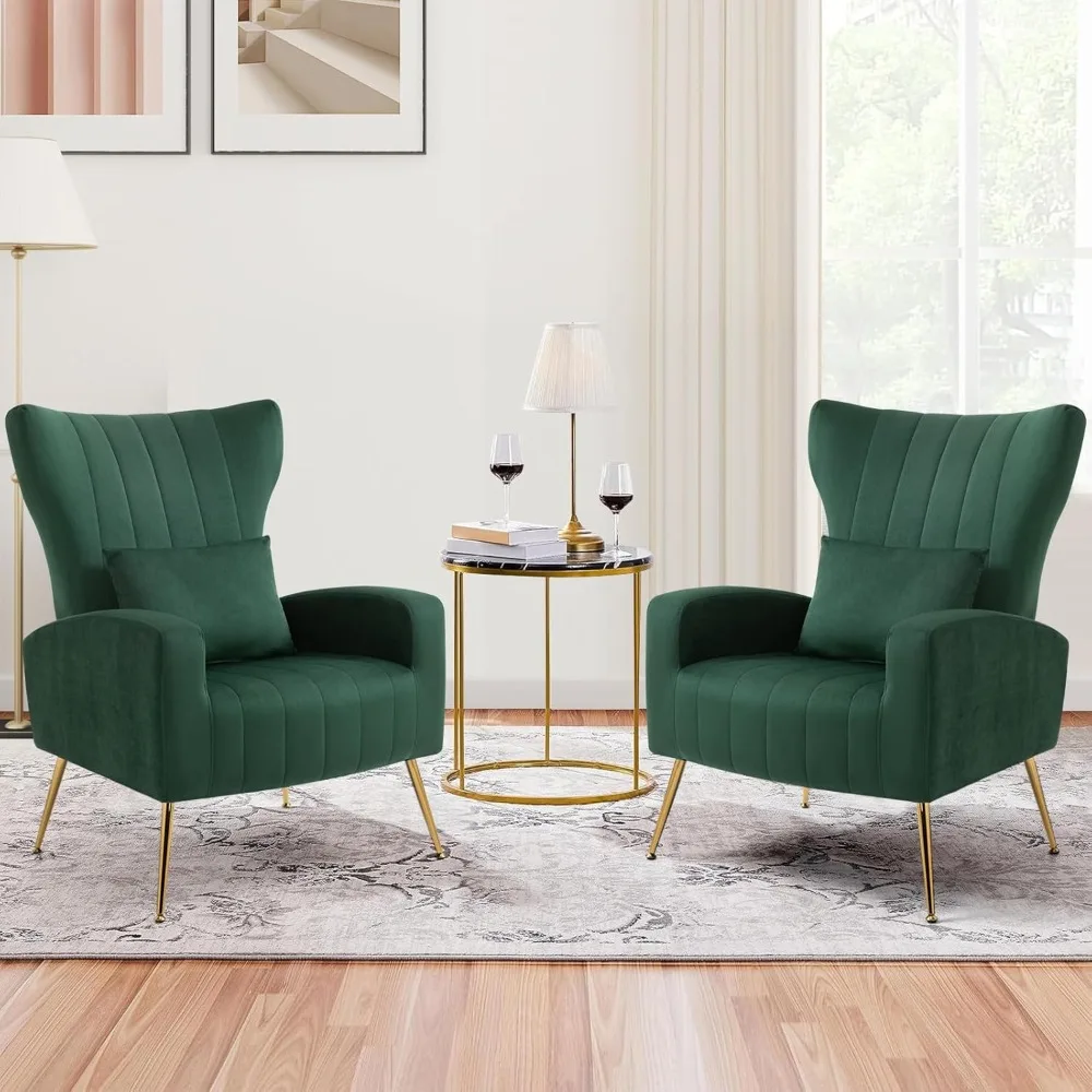 Living Room Chairs Set of 2 Modern Velvet Accent Chair with Lumbar Pillow, High Back Armchair Arm Chairs with Gold Metal Legs