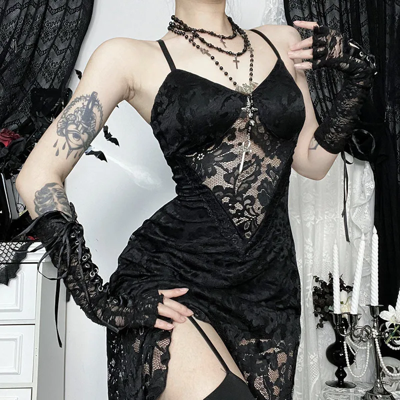 Gothic Sexy Dark Floral Lace Sheer High-Slit Slip Dresses Women Vintage Y2K Backless Lace-up Slim Women Long Dress Partywear