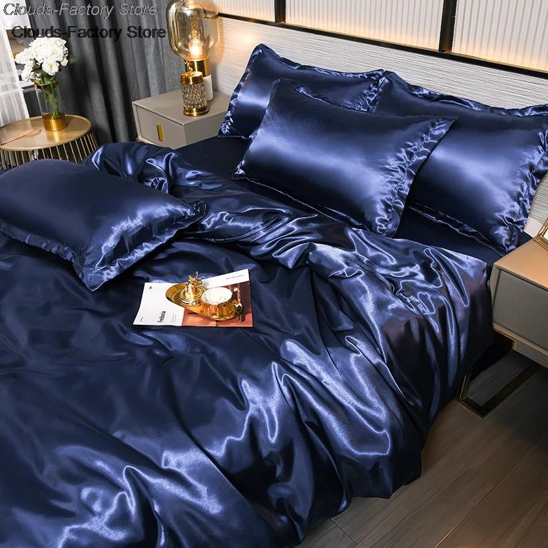 High End Satin Emulation Silky Duvet Cover 220x240 High Quality Queen Size Soft Smooth Quilt Covers Solid King Comforter Cover