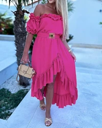 Women's Sweet Dress 2024 Spring Summer Latest Ruffle Frill Hem Asymmetric Off The Shoulder Maxi Dress Short Sleeve Long Skirt