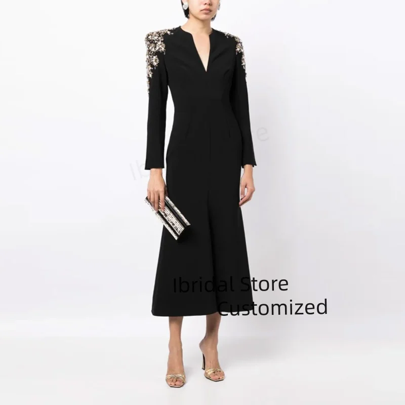 

Customized Long Sleeve Luxury Evening Dresses Beadings Crystals Party Prom Dresses Floor-length Formal Occasion Dresses