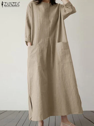 2024 ZANZEA moda verano Vintage mujeres sólido 3/4 manga vestido veraniego holgado vestido Casual Vestidos de gran tamaño Kaftan bata Mujer