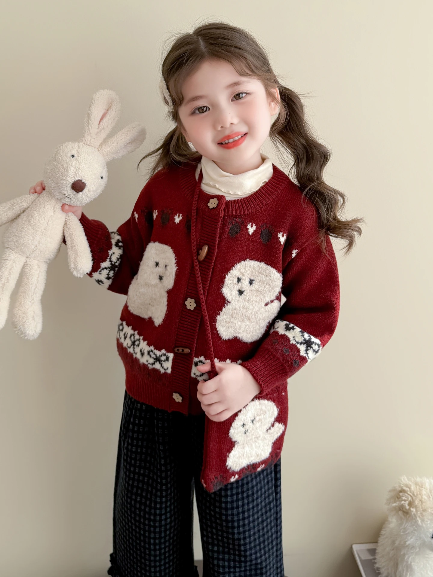 Korean Sle Girls Knitted Cardigan Sweater Cartoon Print Autumn Winter Warm Outerwear Baby Coat Trendy Children's Faion