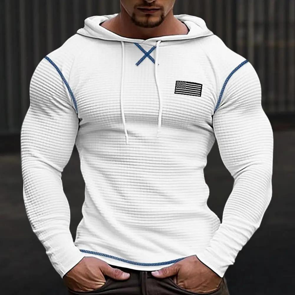 Slim Fit Solid Color Pullover Men's Slim Fit Waffle Texture Hoodie with Drawstring Soft Badge Decor Men Long Sleeve Sweatshirt