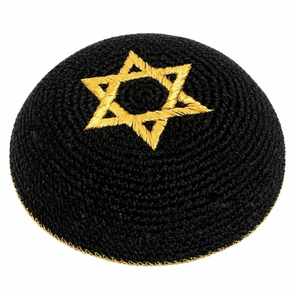 Round Shape Jewish Kippah for Men Breathable David Star Embroidery Knitted Ethnic Cap Retro Skull Cap Beanie Hat