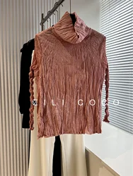 2024 Autumn New High Neck Solid Color Bottoming Shirt Miyake Pleated Solid Color Fashion Temperament Versatile Women's Tops